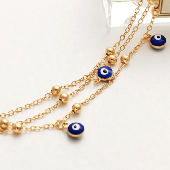 Turkish Eyes Hand Painted Triple Gold Anklet - Picture 5 of 7